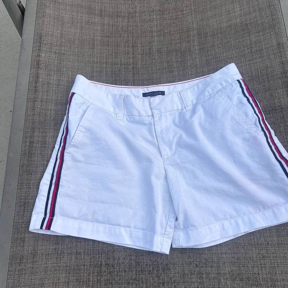 Y2K Women's White Shorts with red, white and blue stripes on sides  Size 2